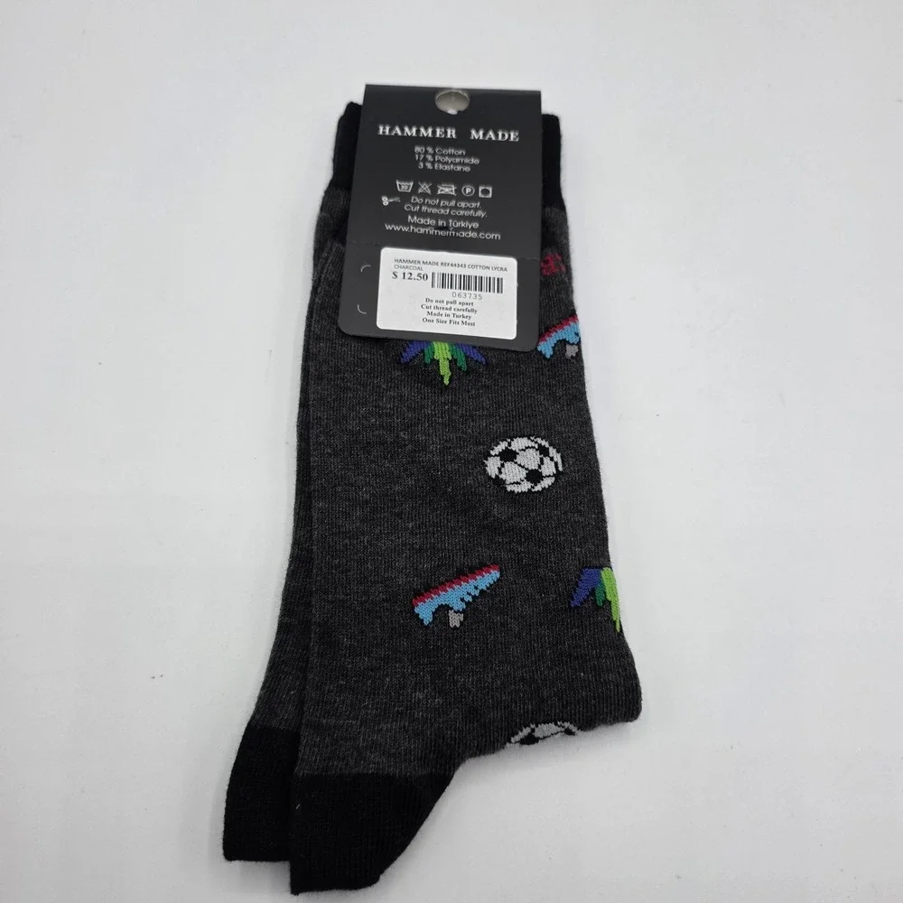 HAMMER MADE Novelty Crew Socks Soccer Ball Shoe Print‎ Charcoal Grey New Sports